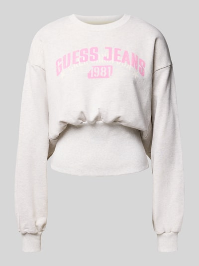 Produktfoto, Sweatshirt mit Label-Print und Rundhalsausschnitt von GUESS, Dames sweatshirt, puur katoen, slim fit, labelprint, ronde hals, lichte crèmekleur, rechte vormen, zachte textuur