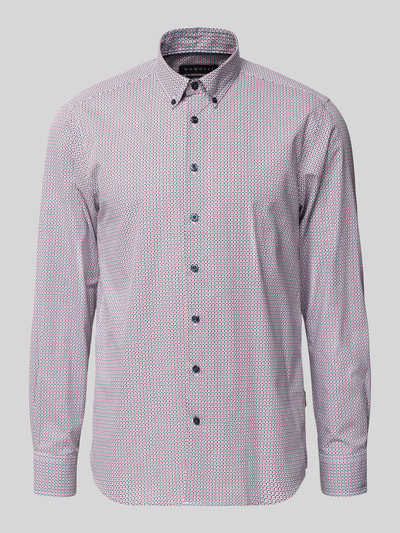 Produktfoto, Regular Fit Freizeithemd mit Button-Down-Kragen von bugatti, reine Baumwolle, Allover-Look, Knopfleiste, weiß-rot gemustert.