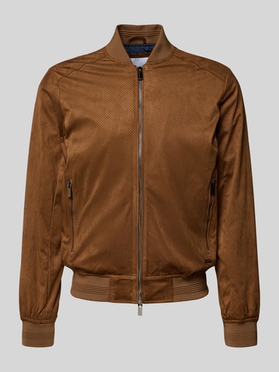 Produktfoto, Bomberjacke in Leder-Optik mit Reißverschlusstaschen von MARKUP, brązowy materiał-mix ze stretchem, krój regular fit, stójka, dwukierunkowy zamek, kieszenie na zamek, faktura skóropodobna