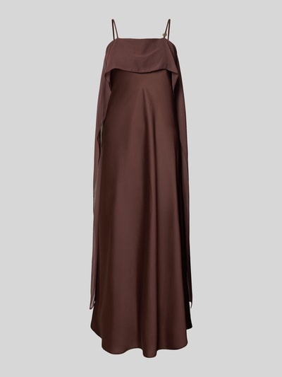 Produktfoto, Regular Fit Midikleid aus Satin von Rinascimento in Braun mit Spaghetti-Trägern, glatte Textur, Nahtreißverschluss, Länge 119 cm