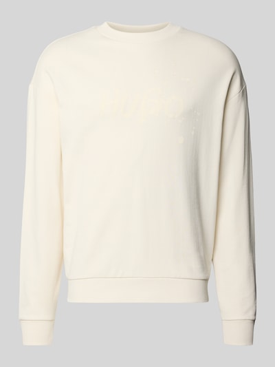 Produktfoto, Regular Fit Sweatshirt aus reiner Baumwolle Modell 'NIEROFIX_CREW' van Hugo Blue, effen crème, lange mouwen, geribde boorden, labelprint.
