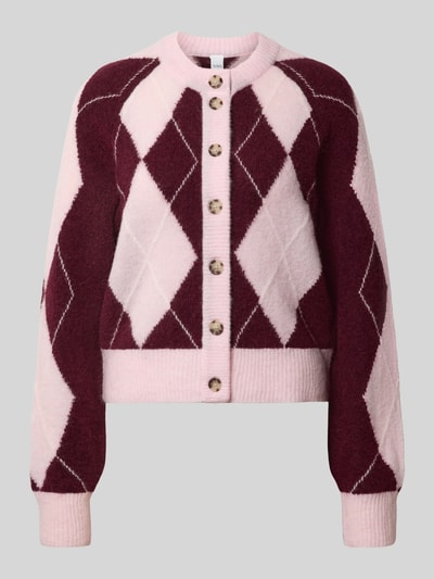 Produktfoto, Cardigan aus Woll-Mix mit Rundhalsausschnitt Modell 'JOHI' von YAS, wzór rombów, prosty krój, długość tyłu 55 cm, długość rękawa 54 cm
