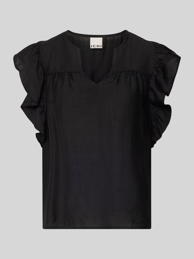 Produktfoto, Bluse aus Viskose-Mix mit Rüschen Modell 'HETTA' von ICHI, czarny kolor, prosty krój, dekolt Serafino, tekstura lekko połyskująca