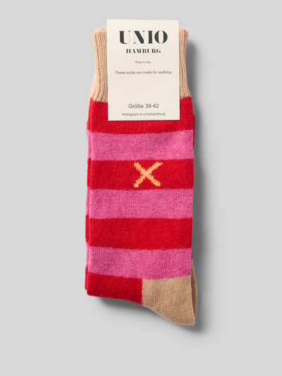 Produktfoto, Socken mit wol van UNIO HAMBURG in roze en rode strepen met contraststrepen, elastische materiaalmix, ribboordjes, Dames