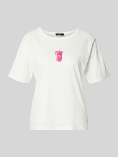 Produktfoto, Regular Fit T-Shirt mit Motiv-Print von monari, Damen T-Shirt aus Reine Baumwolle, Rundhalsausschnitt, Rückenlänge 58 cm, weiß, pinkes Print-Motiv