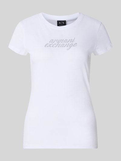 Produktfoto, weißes T-Shirt mit Ziersteinbesatz, Rundhalsausschnitt, Logo, aus Reine Baumwolle, Slim-Fit, Damen T-Shirt von Armani Exchange