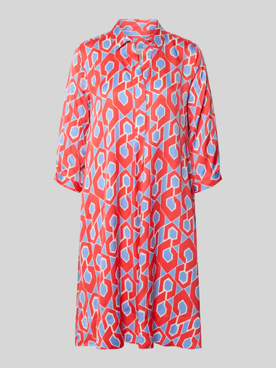Produktfoto, Knielanges Hemdblusenkleid mit V-Ausschnitt von Milano Italy in Rot, Blau und Weiß, A-Linie, reine Viskose, Allover-Muster, Hemdblusenkragen