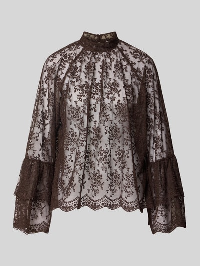 Produktfoto, Blusenshirt aus Spitze mit Stehkragen von Milano Italy, brązowa koronka, krój relaxed fit, półprzezroczysta, mieszanka bawełny