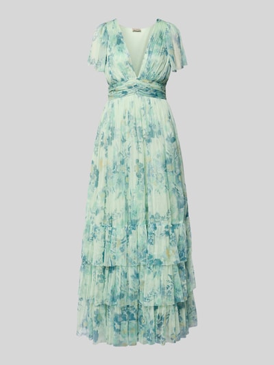 Produktfoto, Regular Fit Abendkleid mit Rüschenbesatz von LACE & BEADS, floraler Allover-Print in Blau- und Grüntönen, Mesh, taillierte Passform, V-Ausschnitt, kurzärmelig, Raffung, strukturierte Oberfläche, Rückenlänge 155 cm, Brustweite 38 cm, Ärmellänge 23 cm.
