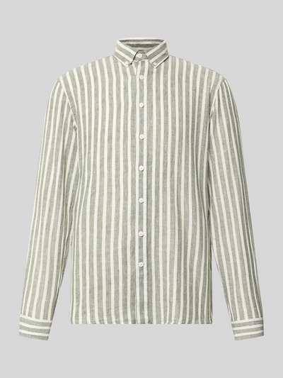 Produktfoto, Relaxed Fit Freizeithemd mit Button-Down-Kragen von Lindbergh aus Leinen-Baumwoll-Mix, grün-weiß gestreift, sichtbare Knopfleiste, Sportmanschetten, Struktur mit glatter Textur, Rückenlänge 64 cm, Schulterbreite 41 cm, Ärmellänge 64 cm bei Größe M.