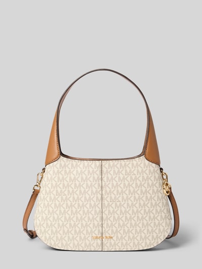 Produktfoto, Shoulder Bag mit Allover-Logo-Print Modell 'Alice' von MICHAEL Michael Kors, beżowa z brązowymi elementami, złote okucia, Allover-Logo, kieszeń na zamek wewnątrz, szerokość w rozmiarze 1: 20 cm, długość w rozmiarze 1: 20 cm, głębokość w rozmiarze 1: 4 cm, długość paska w rozmiarze 1: 50 cm
