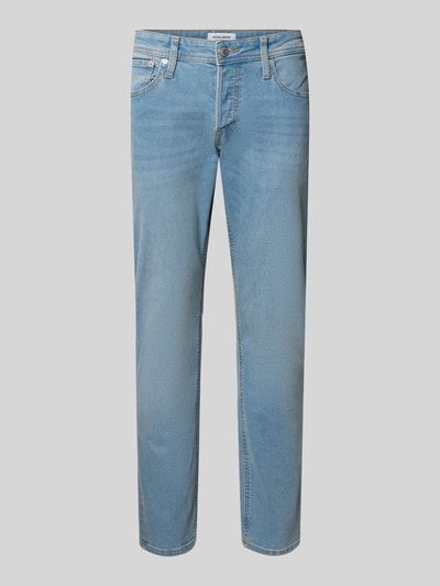 Produktfoto, Straight Fit Jeans im 5-Pocket-Design Modell 'Glenn' von JACK & JONES aus elastischem Baumwoll-Mix, hellblau, sichtbare Knopf- und Reißverschlussdetails, Bundweite 43 cm, Innenbeinlänge 77 cm, Herren.