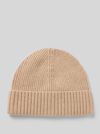 Produktfoto, Beanie aus Woll-Kaschmir-Mix von MCNEAL in Beige mit Strick-Optik, breiter Umschlag, Label-Patch, Ripp-Strick Materialverarbeitung
