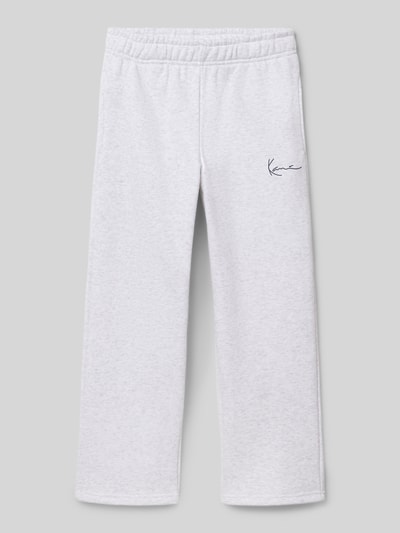 Produktfoto, Straight Fit Sweatpants mit Logo-Print von KARL KANI aus Baumwoll-Mix in Hellgrau, elastischer Bund mit Tunnelzug, Eingrifftaschen, Innenbeinlänge 62 cm bei Größe 134, kinder.