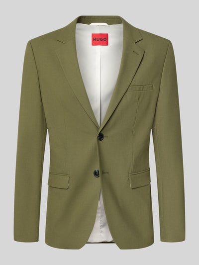 Produktfoto, olivgrünes Super Slim Fit Sakko aus Woll-Mix Modell 'Arti 253X' von HUGO, glatte Textur, Kontrastfutter, Herren Sakko