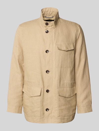Produktfoto, Leinenjacke mit Stehkragen und Pattentaschen von bugatti, beżowa tkanina, krój regular fit, czarne guziki, czyste len, długość tyłu 74 cm, szerokość ramion 46 cm, szerokość w rozmiarze 50: 55 cm, długość rękawa 64 cm
