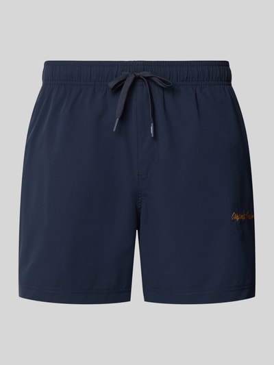 Produktfoto, dunkelblaue Badehose mit Label-Stitching Modell 'MAUI' von Jack & Jones, Regular-Fit, elastischer Bund, Tunnelzug.