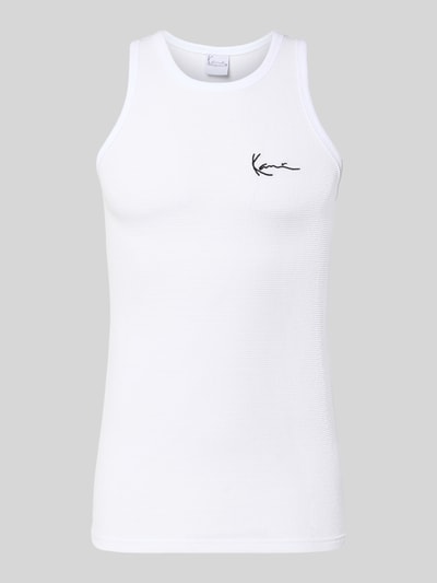 Produktfoto, Slim Fit Top mit Logo-Stitching von KARL KANI aus weißem Baumwoll-Mix mit Rundhalsausschnitt für Herren, Rückenlänge 68 cm in Größe M.