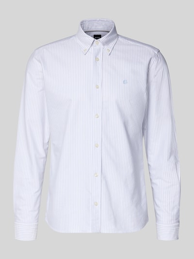 Produktfoto, Slim Fit Freizeithemd aus reiner Baumwolle Modell 'H-ROAN' von BOSS mit feinen Streifen in Hellblau und Weiß, Logo-Stitching, Button-Down-Kragen, durchgehender Knopfleiste, langarm, Sportmanschette, glatte Baumwollstruktur