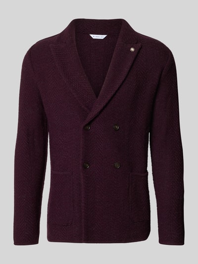 Produktfoto, Regular Fit Cardigan mit Woll-Alpaka-Anteil in Strick-Optik von Manuel Ritz, dunkles Bordeaux, Reverskragen, strukturierte Oberfläche, Material-Mix, mittellang, doppelte Knopfreihe, Detail aus Damenkollektion.