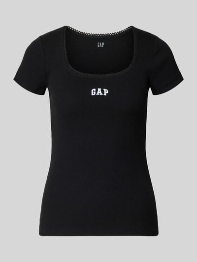 Produktfoto, schwarzes Damen T-Shirt mit Logo-Stitching von GAP aus Baumwoll-Mix mit Stretch-Anteil, körpernahe Passform, Rundhalsausschnitt.