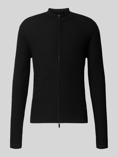 Produktfoto, Strickjacke aus reiner Schurwolle von Emporio Armani in Schwarz, schmale Passform, strukturierte Oberfläche, Zwei-Wege-Reißverschluss, Gerippte Abschlüsse, Rückenlänge 64 cm, Ärmellänge 67 cm