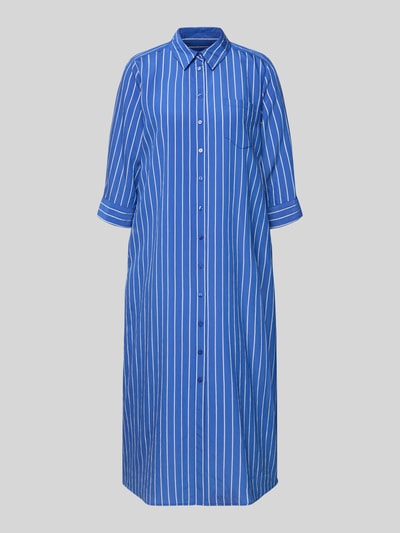 Produktfoto, Hemdblusenkleid aus Viskose-Mix mit Brusttasche von Milano Italy, niebieski w białe paski, prosty krój, sukienka midi, kołnierzyk koszulowy, brustasza, listwa guzikowa, rękaw o dł. 3/4, długość tyłu w rozmiarze 36: 118 cm, szerokość w rozmiarze 36: 53 cm, długość rękawów w rozmiarze 36: 43 cm