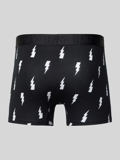 Produktfoto, Obcisłe bokserki z mieszanki bawełny i elastanu, czarne z białym wzorem błyskawic, elastyczny pasek z logo. Trunks aus Baumwoll-Mix im 3er-Pack von Happy Socks, krój dopasowany, Zestaw 3 szt.