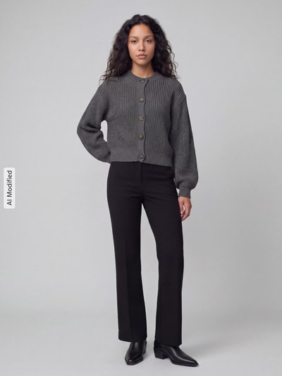 Frauenmodel trägt graue Loose Fit Strickjacke mit einreihiger Knopfleiste Modell 'LEA' von VERO MODA, kombiniert mit schwarzen Hosen, Ganzkörperansicht von vorne, KI-modifiziertes Bild.