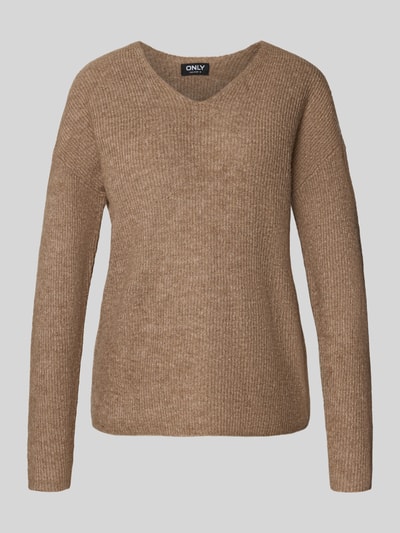Only Regular Fit Strickpullover mit V-Ausschnitt Modell 'CAMILLA' Taupe Melange 2