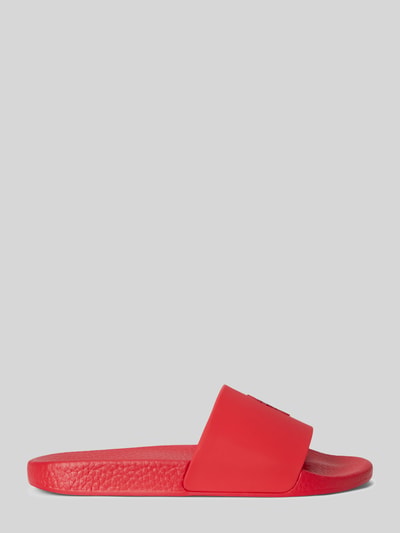 Productfoto, Badeschuhe mit Logo-Print van Polo Ralph Lauren, effen rood, afgeronde neus, platte zool, gestructureerde zool, open instap