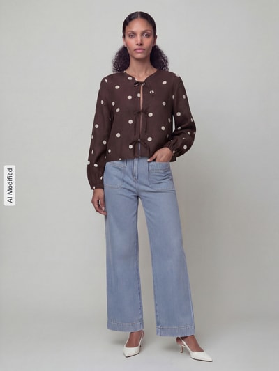 Frauenmodel trägt Regular Fit Bluse mit Zierschleifen von Jake*s Casual, braun mit weißen Punkten, Leinen-Viskose-Mix, Ganzkörperansicht von vorne.