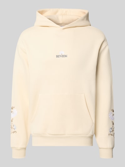 Produktfoto, Relaxed Fit Hoodie mit Känguru-Tasche von REVIEW in Creme, florale Stickerei, Baumwoll-Mix, elastische Abschlüsse, für Herren