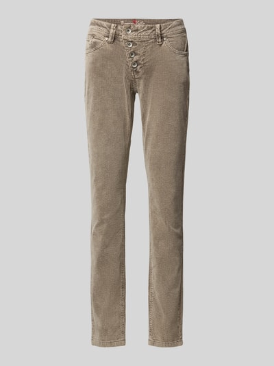 Produktfoto, beiger Grundton, feine Cordstruktur, sichtbare Knopfleiste, schlanke Form, Slim Fit Cordhose aus Baumwoll-Mix von Buena Vista