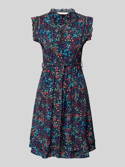 Produktfoto, Minikleid aus reiner Viskose mit floralem Allover-Print von Apricot in Dunkelblau mit taillierter Passform, Rüschenbesatz und Knopfleiste
