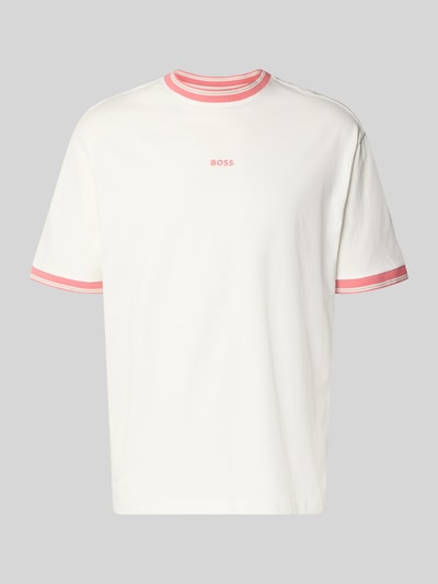 Produktfoto, Regular Fit T-Shirt aus reiner Baumwolle Modell 'TE_BLOCKS' von BOSS Orange, Herren T-Shirt in Offwhite mit Label-Stitching-Applikation, Rundhals, Kurzarm, gerippte Abschlüsse, Jersey, Vorderansicht