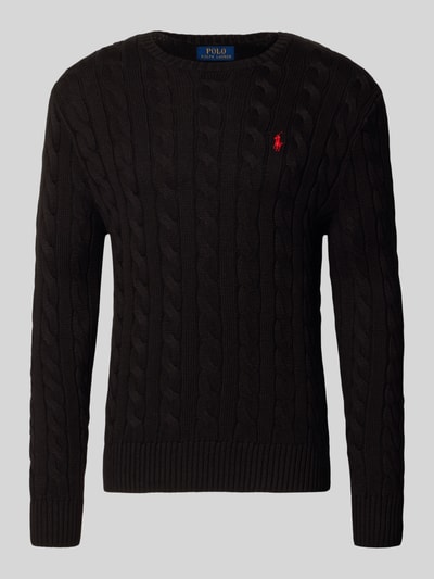 Produktfoto, Regular Fit Pullover aus reiner Baumwolle von Polo Ralph Lauren in Schwarz mit Strukturmuster und rotem Logo auf grauem Hintergrund