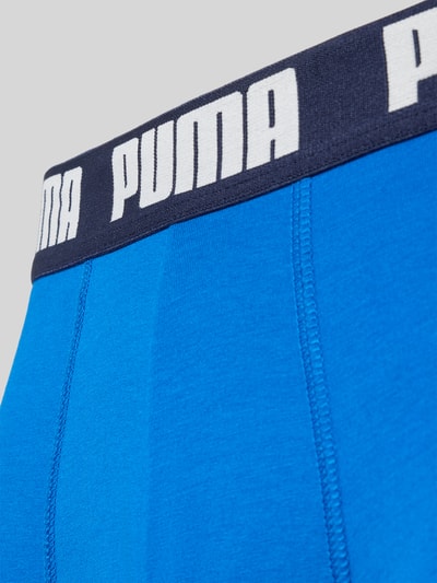 Produktfoto, blauer Baumwoll-Mix mit dunkelblauem Bund und weißem PUMA-Schriftzug, Slim Fit Boxershorts aus Baumwoll-Mix im 2er-Pack Modell 'EVERDAY' von PUMA, Herren Boxershorts
