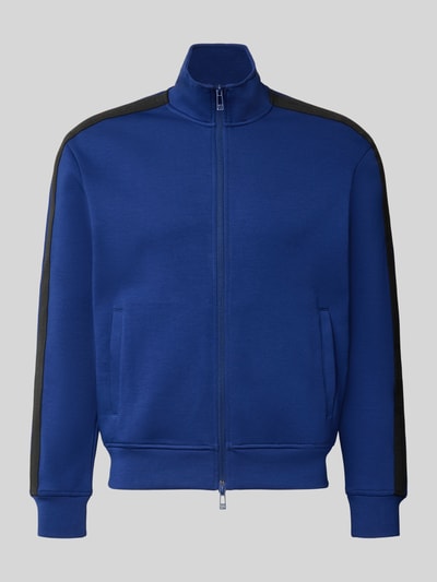 Produktfoto, Regular Fit Sweatjacke aus Baumwoll-Mix Modell 'Felpa' von Armani Exchange in Blau mit schwarzen Details, elastische Abschlüsse, Zweiwege-Reißverschluss.