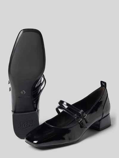 Productfoto, glanzend zwarte pumps in lakleerlook met blokhak en dubbele bandjes, Pumps in lakleerlook van Tamaris, Dames