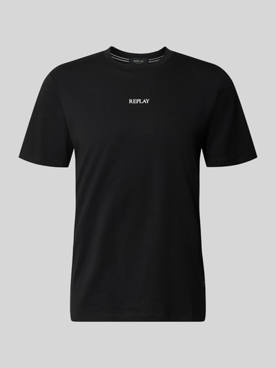 Produktfoto, T-Shirt mit Rundhalsausschnitt und Logo von Replay, czarny, bawełna, krój slim fit, okrągły dekolt, Długość tyłu w rozmiarze M: 71 cm