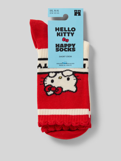 Produktfoto, Socken aus Baumwoll-Mix Modell 'HELLO KITTY KAWAII' von Happy Socks in Rot und Weiß mit Ripp-Optik, Muschelsaum und Label-Detail