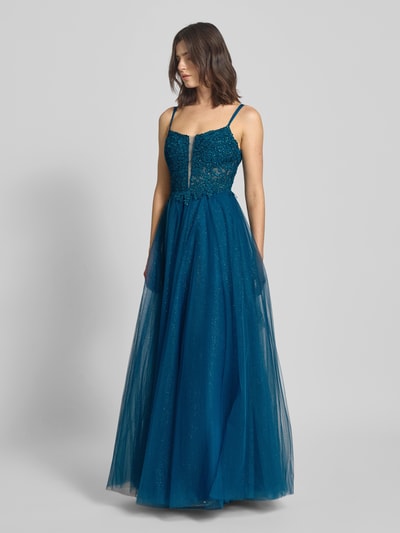 Mascara Abendkleid mit Spitze und semitransparenten Details Petrol 1