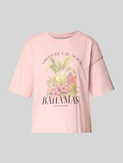 Produktfoto, Boxy Fit T-Shirt aus reiner Baumwolle Modell 'LUCY' von Only in Optik: Unifarben mit Motiv-Print und Rücken-Print, Rundhals, Kurzarm, Farbe Rosa