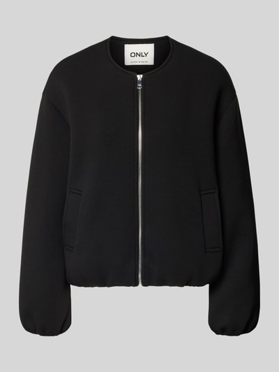 Produktfoto, Regular Fit Sweatjacke mit Viskose-Anteil Modell 'ELLIE' von ONLY in Schwarz, Optik: Unifarben, sichtbare Struktur durch glattes Material, Reißverschluss, seitliche Eingrifftaschen, elastische Abschlüsse, Material-Mix mit Viskose-Anteil.