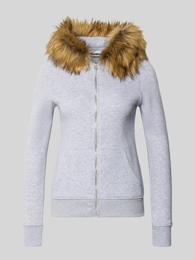 Produktfoto, Sweatjacke mit Kunstfell und Känguru-Tasche van REVIEW, katoenmix, slim fit, imitatiebont, ritssluiting, kangoeroezak, grijze kleur, zachte textuur