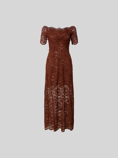 Produktfoto, Maxikleid aus floraler Spitze von Rabanne in Braun, Elastischer-Material-Mix, taillierte Passform, Schulterfrei, Kurzärmelig, Raffungen, transparente florale Struktur, Gesamtlänge 131 cm, Brustweite 40 cm, Ärmellänge 19 cm.