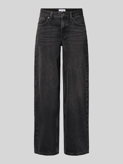 Produktfoto, ciemnoszare jeansy z szerokimi nogawkami z mieszanki bawełny, krój wide fit, 5 kieszeni, model 'INCH' od Topshop, długość wewnętrzna nogawki 78 cm, szerokość w rozmiarze 26/32: 38 cm, zapięcie na guzik i zamek błyskawiczny