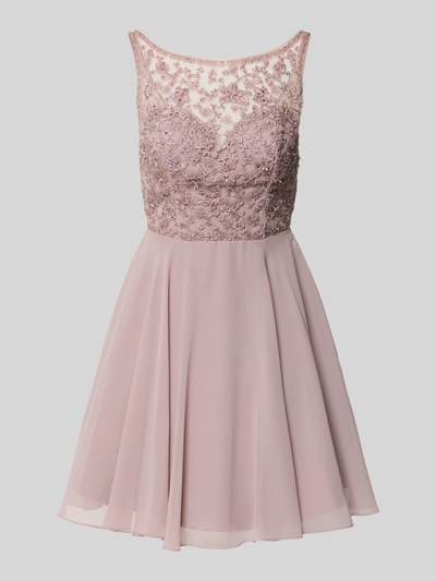 Produktfoto, Regular fit Minikleid mit floralem Spitzenbesatz von Laona in semitransparentem Design, Ziersteinbesatz, ärmellos, blickdichter Unterrock, rosa Farbton, fließender Stoff, feine Textur.