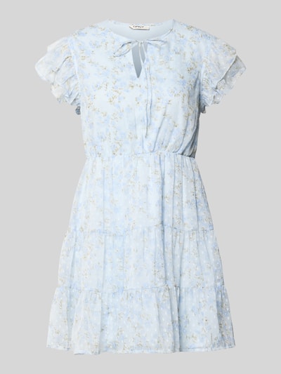 Produktfoto, Tailliertes Freizeitkleid mit Volants Modell 'ELIZA' von Only, Optik: Florales-Allover-Muster in Blau, Mini-Länge, Rundhals-Ausschnitt, Volants, Materialverarbeitung: Crinkle
